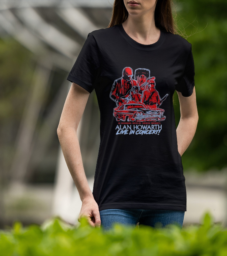 The Mahoning Drive In Theater Presents Alan Howarth Live Concert Horror Characters Flaming Car T-Shirt