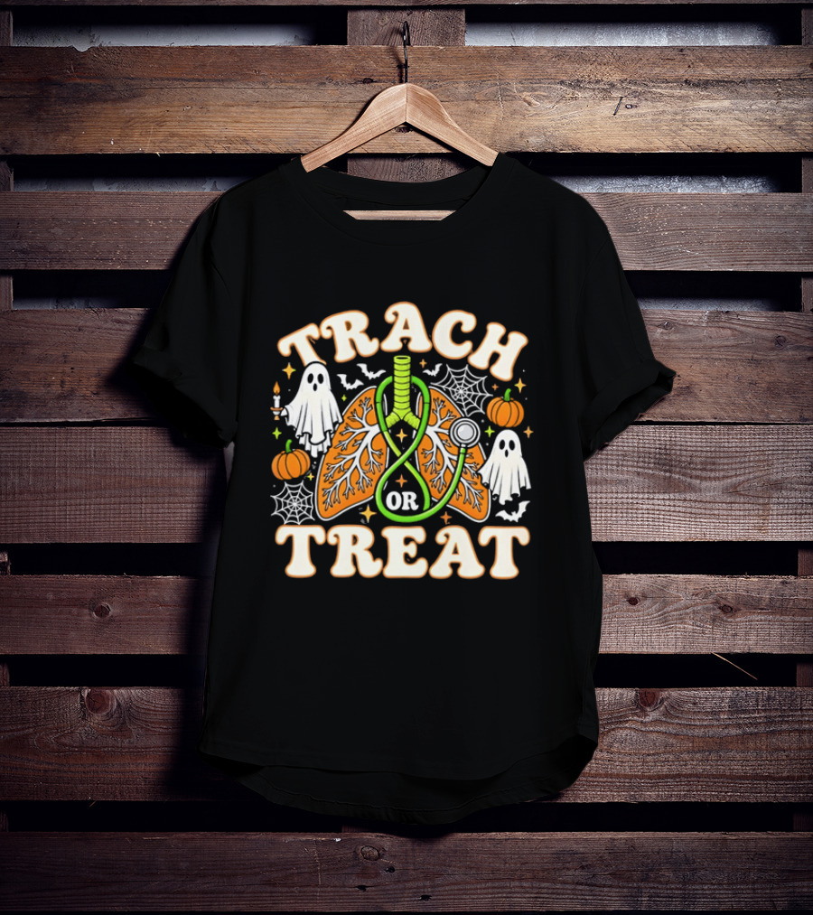 Trach Or Treat Lungs Stethoscope Ghosts Pumpkins Spider Webs Halloween Cartoon T-Shirt