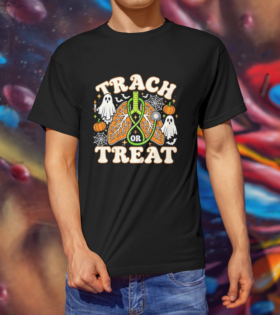 Trach Or Treat Lungs Stethoscope Ghosts Pumpkins Spider Webs Halloween Cartoon T-Shirt