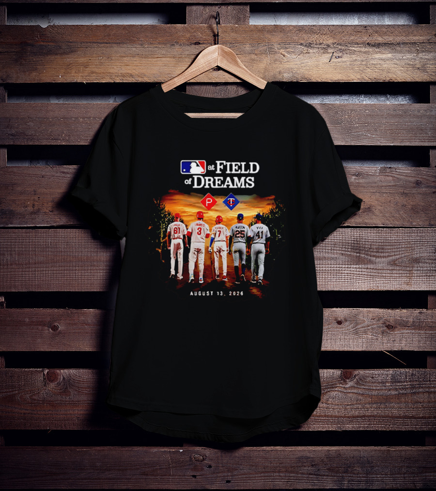 MLB At Field Of Dreams August 13 2026 Philadelphia Minnesota Players Walking Into Cornfield T-Shirt