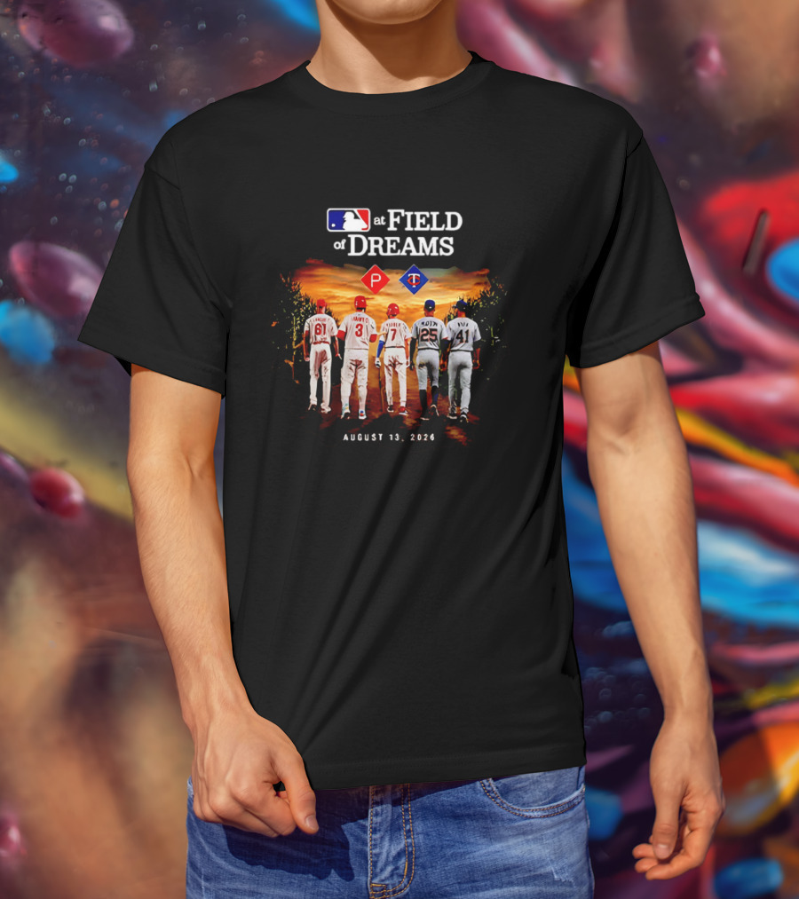 MLB At Field Of Dreams August 13 2026 Philadelphia Minnesota Players Walking Into Cornfield T-Shirt