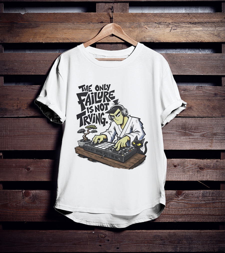 The Only Failure Is Not Trying Samurai DJ With Cat And Bonsai T-Shirt