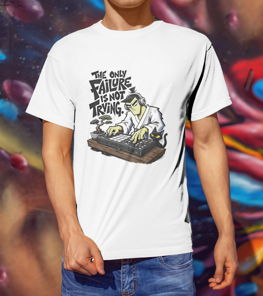 The Only Failure Is Not Trying Samurai DJ With Cat And Bonsai T-Shirt