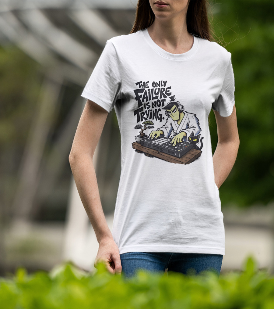 The Only Failure Is Not Trying Samurai DJ With Cat And Bonsai T-Shirt