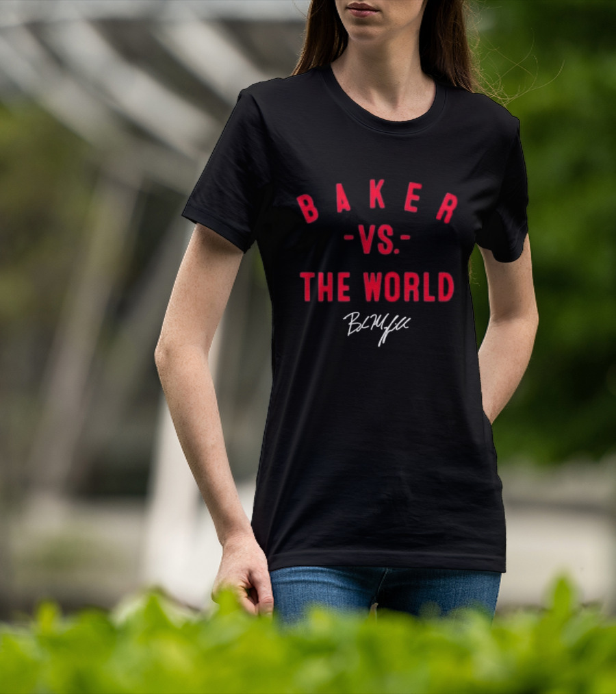 Baker Vs The World Red Curved Block Mayfield Signature T-Shirt