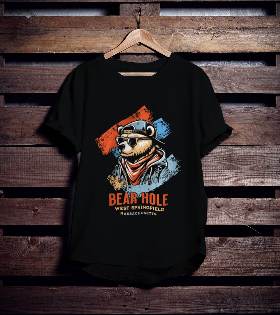 Bear Hole West Springfield Massachusetts Bear Wearing Sunglasses Cap Bandana Distressed T-Shirt