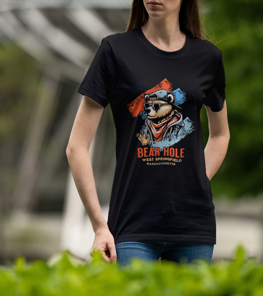 Bear Hole West Springfield Massachusetts Bear Wearing Sunglasses Cap Bandana Distressed T-Shirt