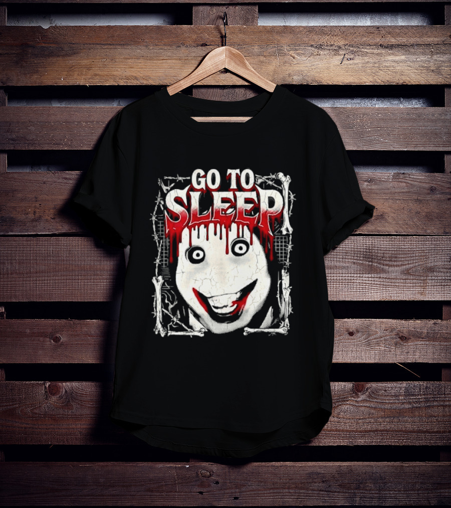 Go To Sleep Creepy Pale Face Bloody Smile Barbed Wire Bones T-Shirt