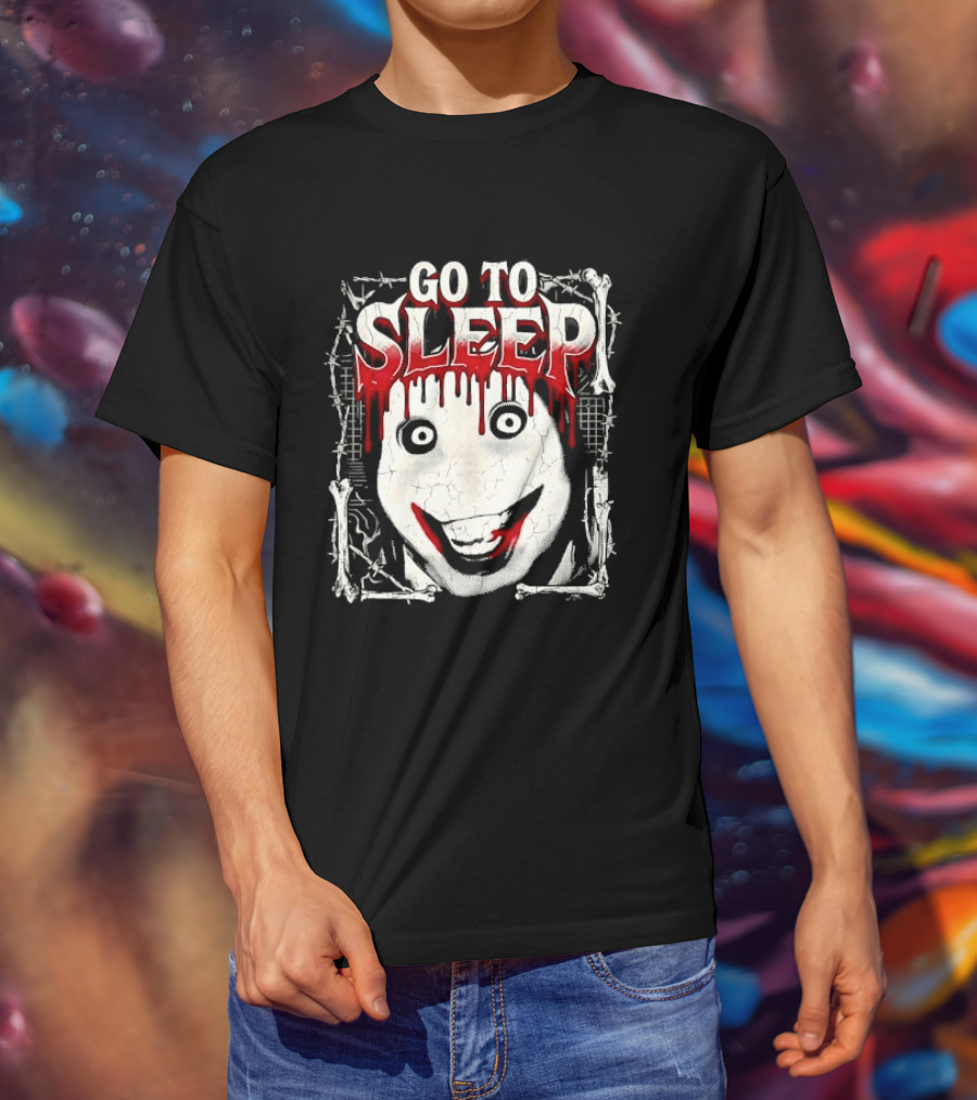 Go To Sleep Creepy Pale Face Bloody Smile Barbed Wire Bones T-Shirt