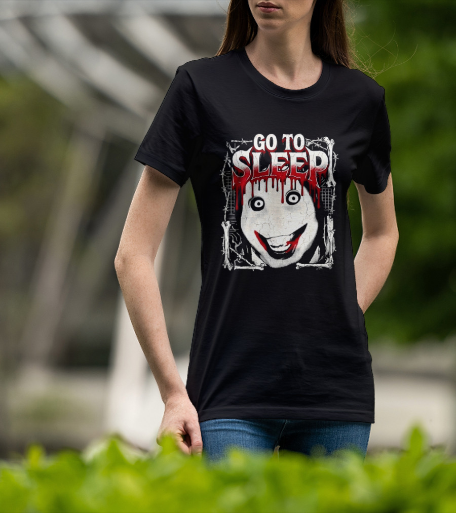 Go To Sleep Creepy Pale Face Bloody Smile Barbed Wire Bones T-Shirt