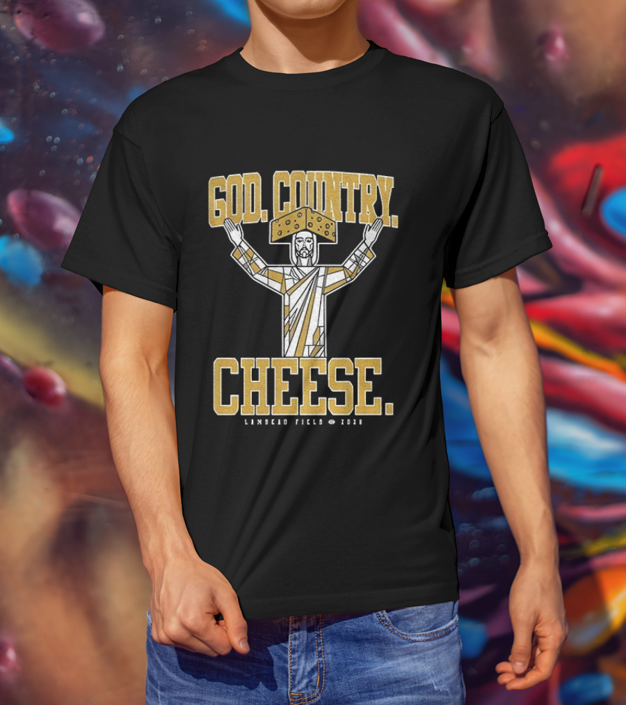 God Country Cheese Lambeau Field 2026 Jesus Statue Wearing Cheesehead T-Shirt