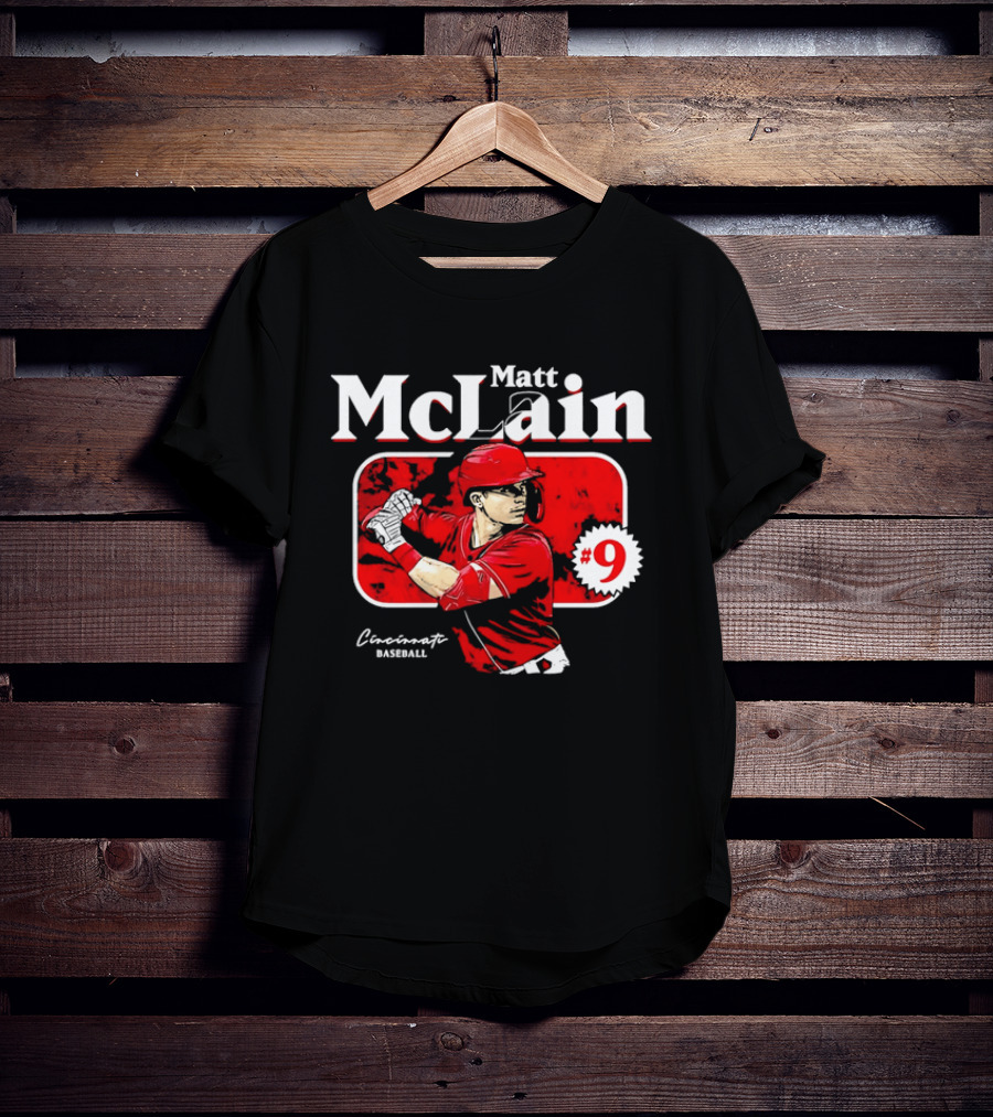 Matt McLain Cincinnati Baseball Number 9 Batter Stance Red Frame T-Shirt