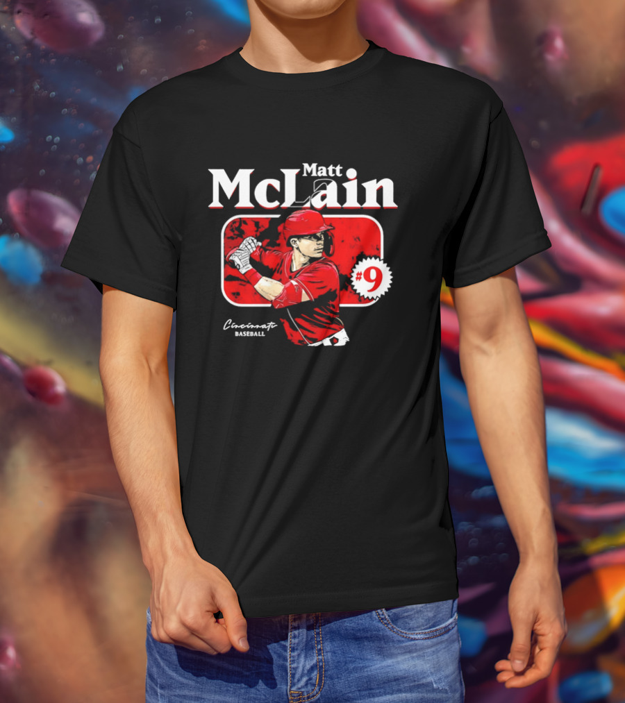 Matt McLain Cincinnati Baseball Number 9 Batter Stance Red Frame T-Shirt