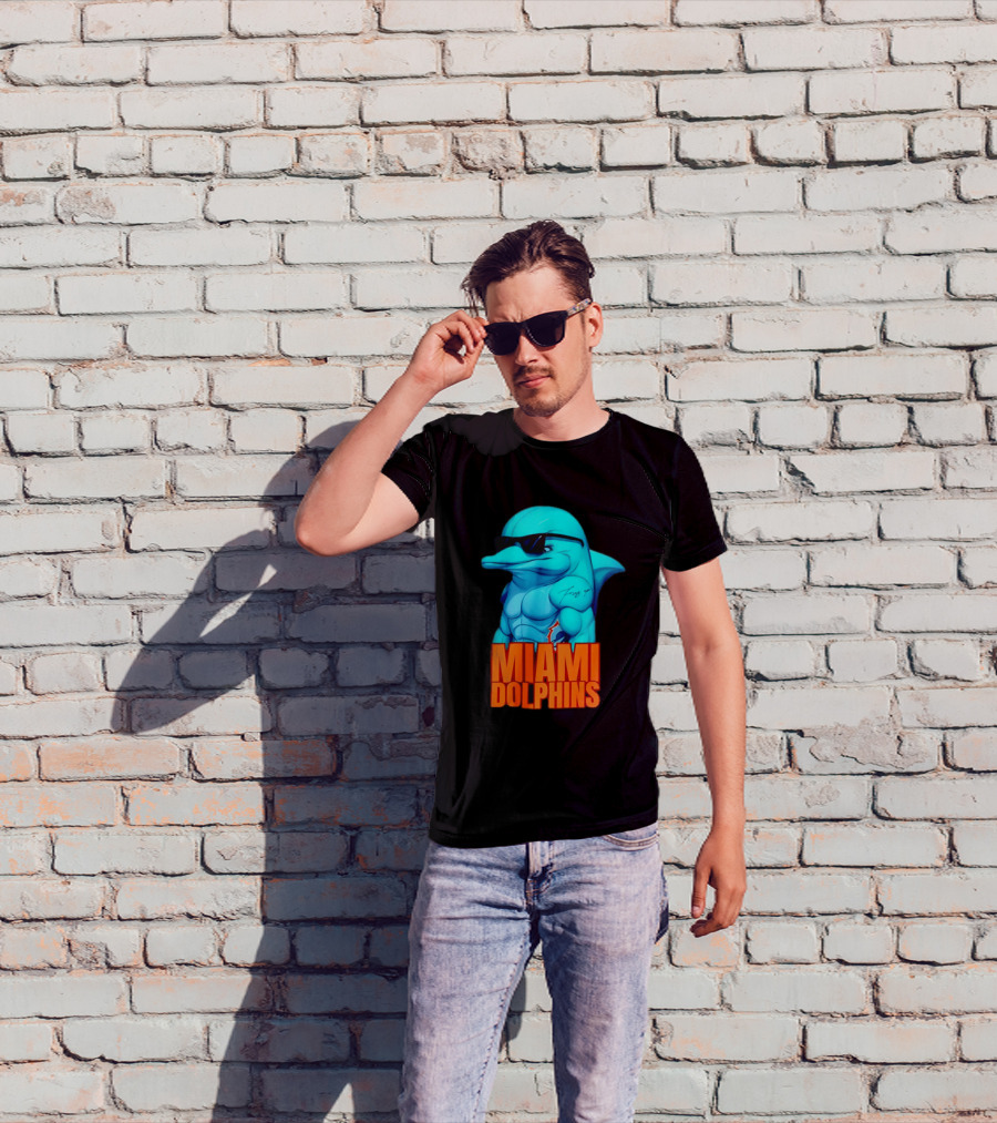 Miami Dolphins Fins Up Muscular Cartoon Sunglasses Tattoo T-Shirt