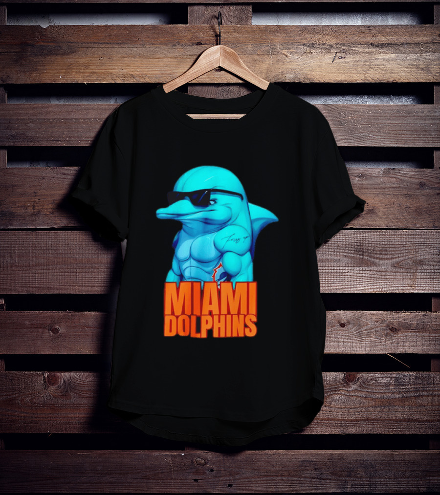 Miami Dolphins Fins Up Muscular Cartoon Sunglasses Tattoo T-Shirt