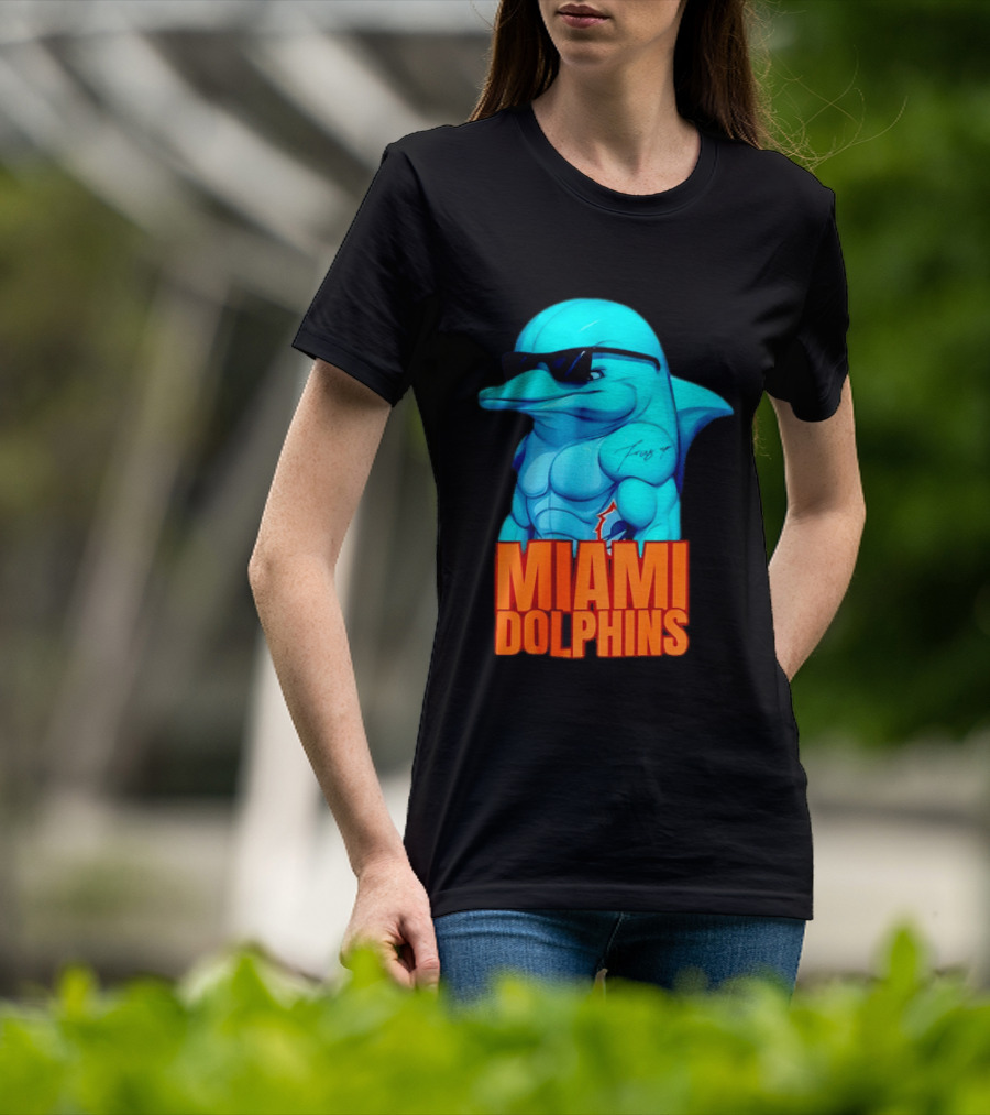 Miami Dolphins Fins Up Muscular Cartoon Sunglasses Tattoo T-Shirt