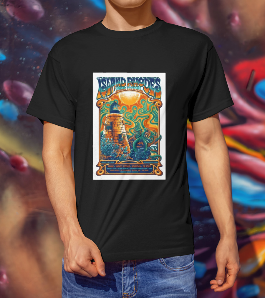 Island Rhodes Music Festival 2026 Lighthouse Octopus Art Pawtucket Rhode Island Sublime Slightly Stoopid August 15 16 T-Shirt
