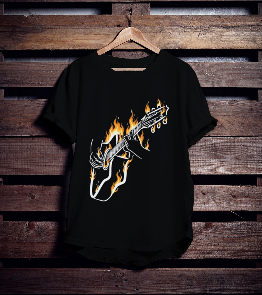 Musician Hands Flaming Acoustic Guitar White Line Artistry T-Shirt