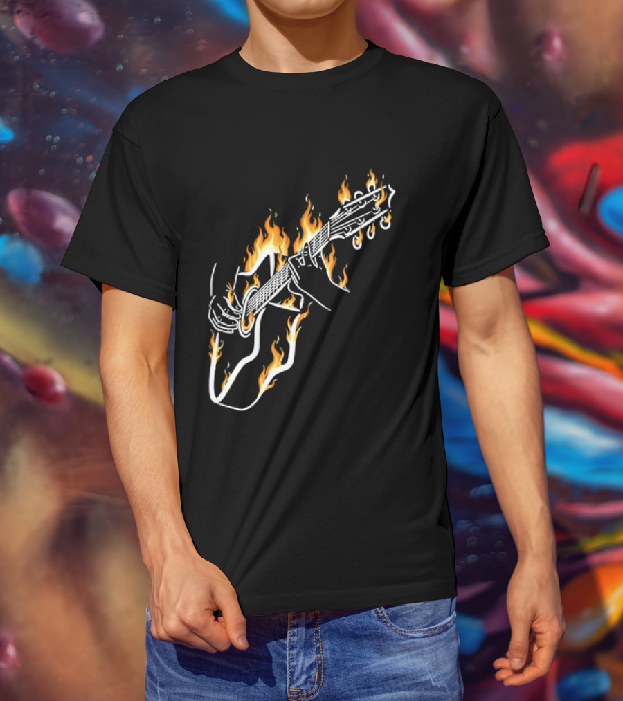 Musician Hands Flaming Acoustic Guitar White Line Artistry T-Shirt