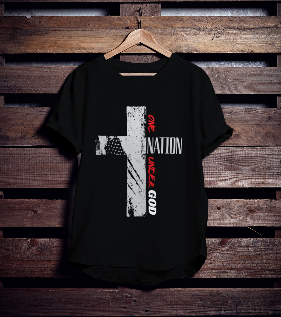 One Nation Under God Distressed Cross American Flag Stars T-Shirt