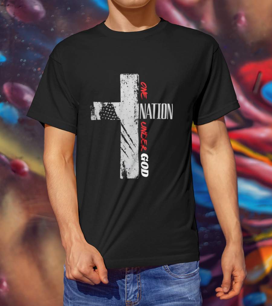 One Nation Under God Distressed Cross American Flag Stars T-Shirt