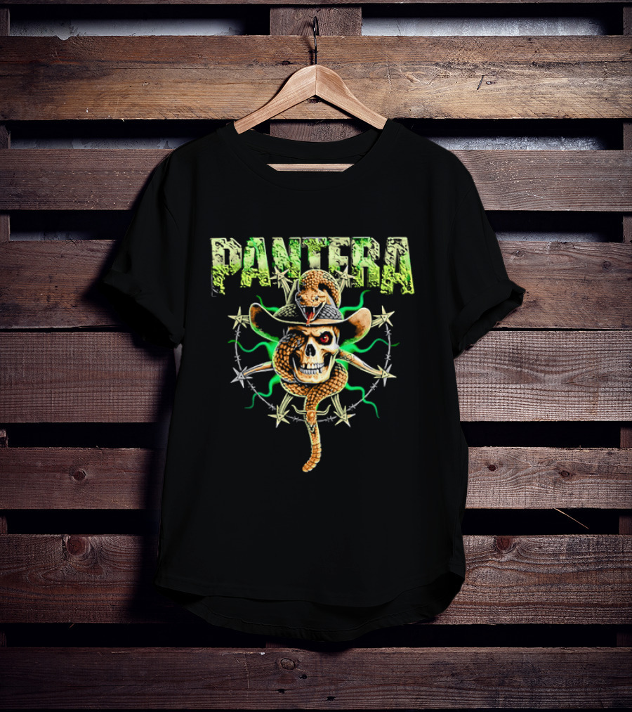 Pantera Rattlesnake Coiled Skull Cowboy Hat Green Glow T-Shirt