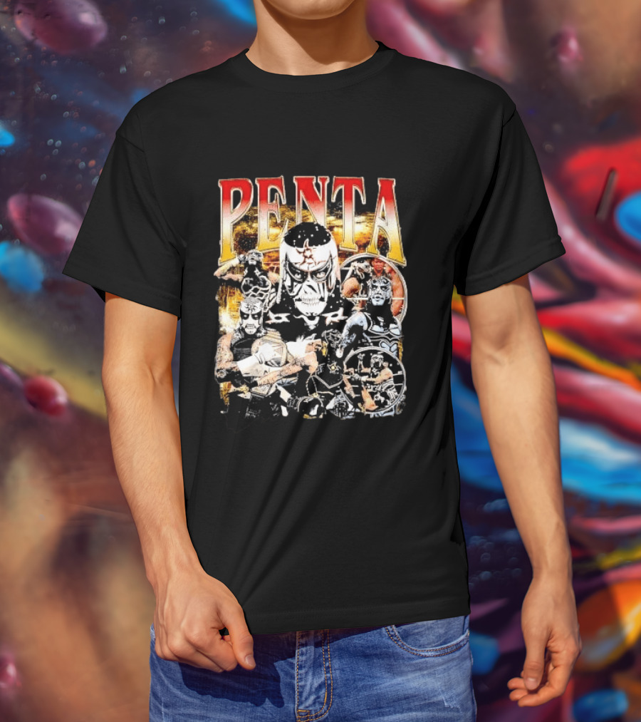 Penta Masked Luchador Wrestler Belt Photo Collage Bootleg T-Shirt