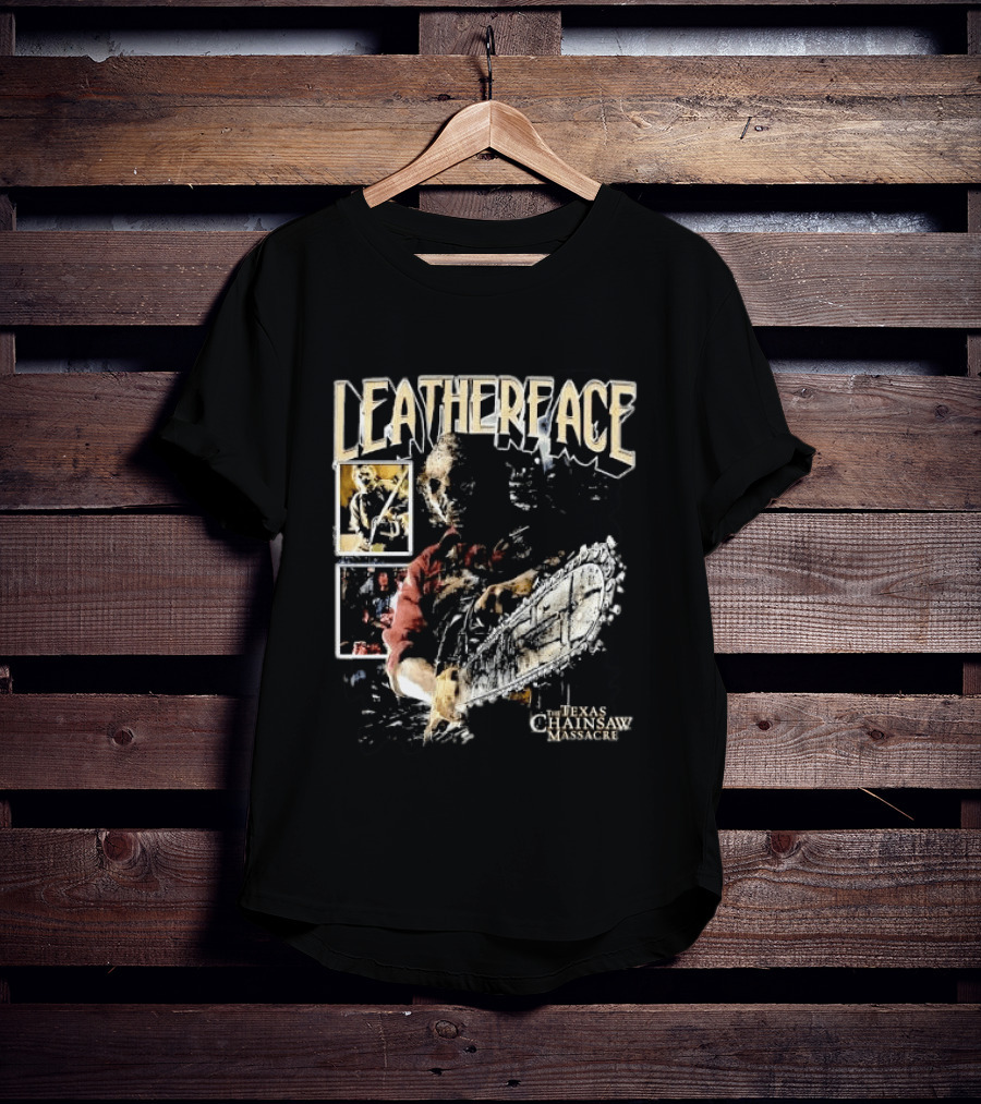 Leatherface Texas Chainsaw Massacre Horror Collage Holding Saw T-Shirt