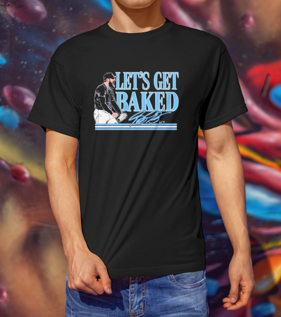 LET'S GET BAKED Bryan Baker Bearded Baseball Pitcher Celebrating Line T-Shirt