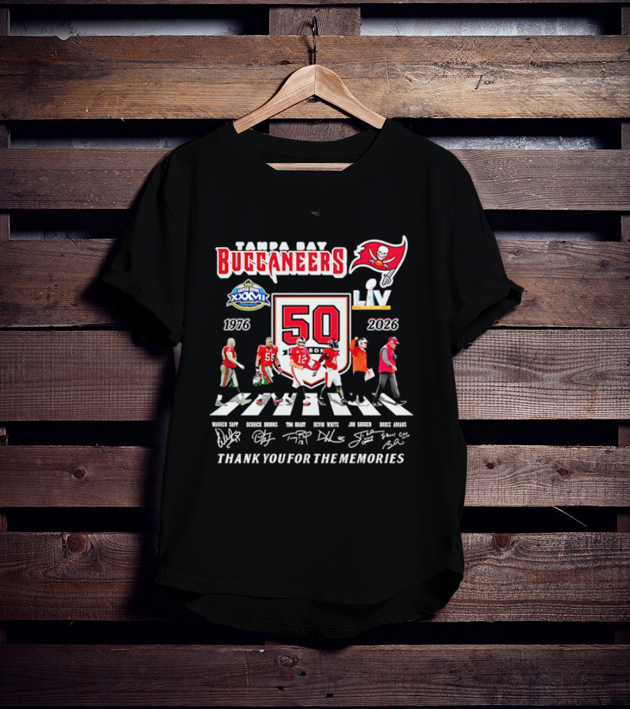 Tampa Bay Buccaneers 50th Anniversary Thank You For The Memories Warren Sapp Derrick Brooks Abbey Road Crosswalk 1976 2026 T-Shirt
