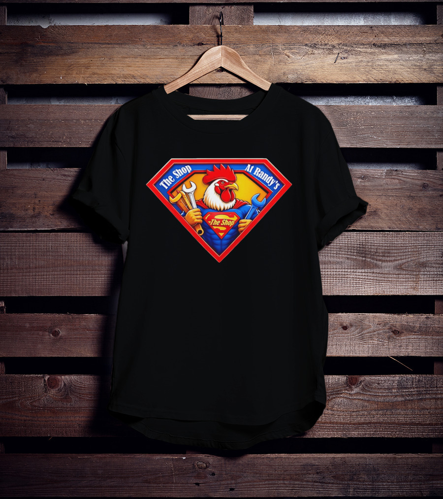 The Shop At Randy's Cartoon Rooster Superhero Wrenches Crest T-Shirt