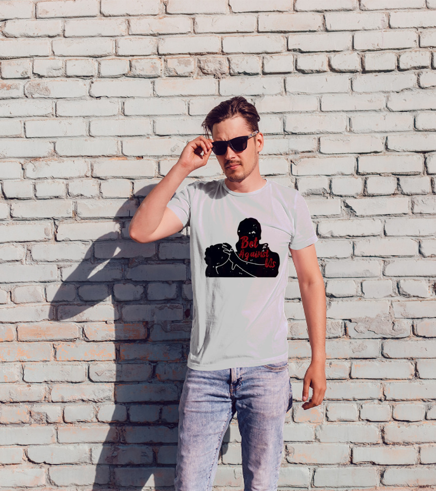 Bet Against Us Red Script Embracing Figures White Line T-Shirt