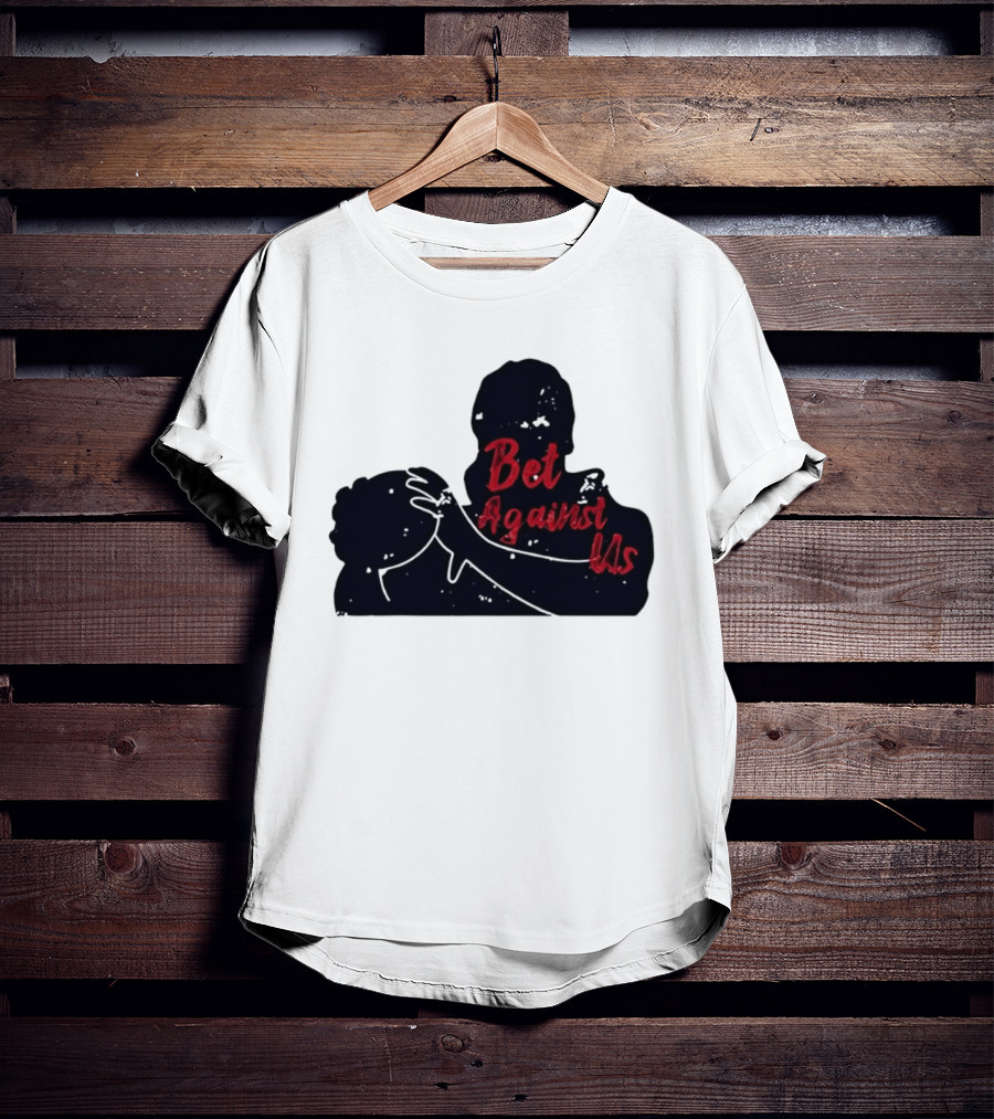 Bet Against Us Red Script Embracing Figures White Line T-Shirt