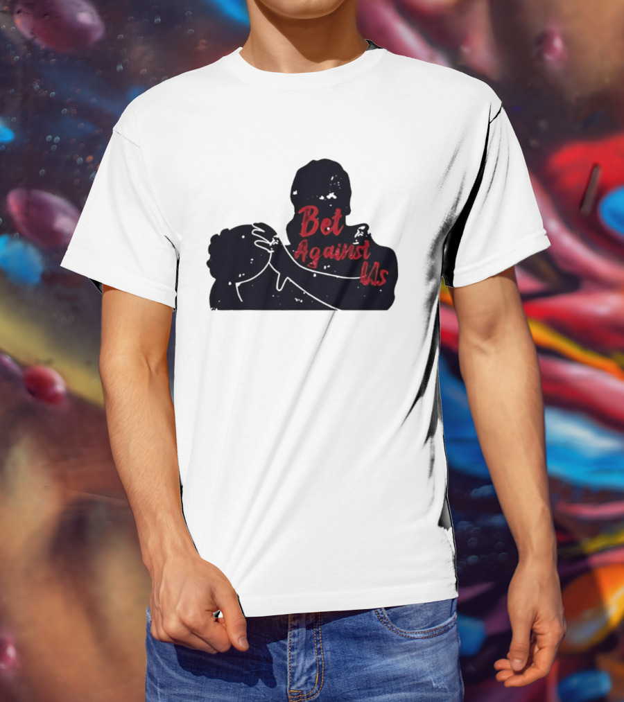 Bet Against Us Red Script Embracing Figures White Line T-Shirt