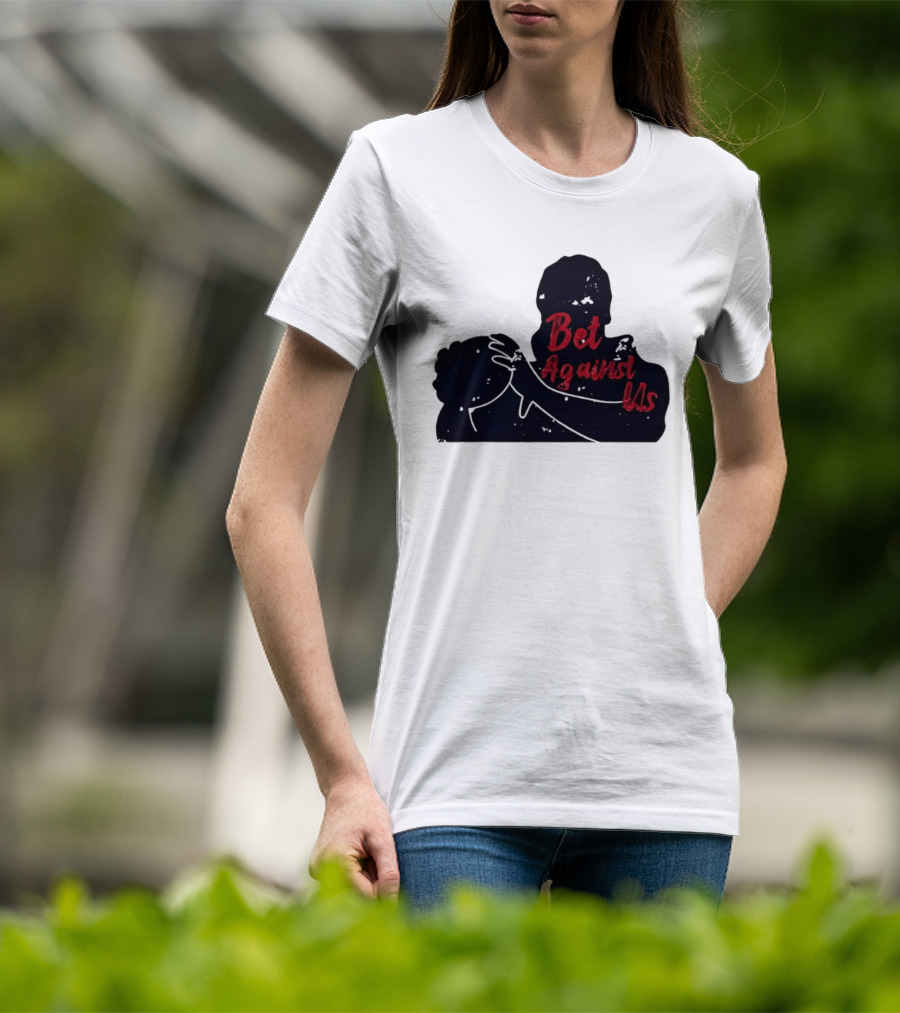 Bet Against Us Red Script Embracing Figures White Line T-Shirt