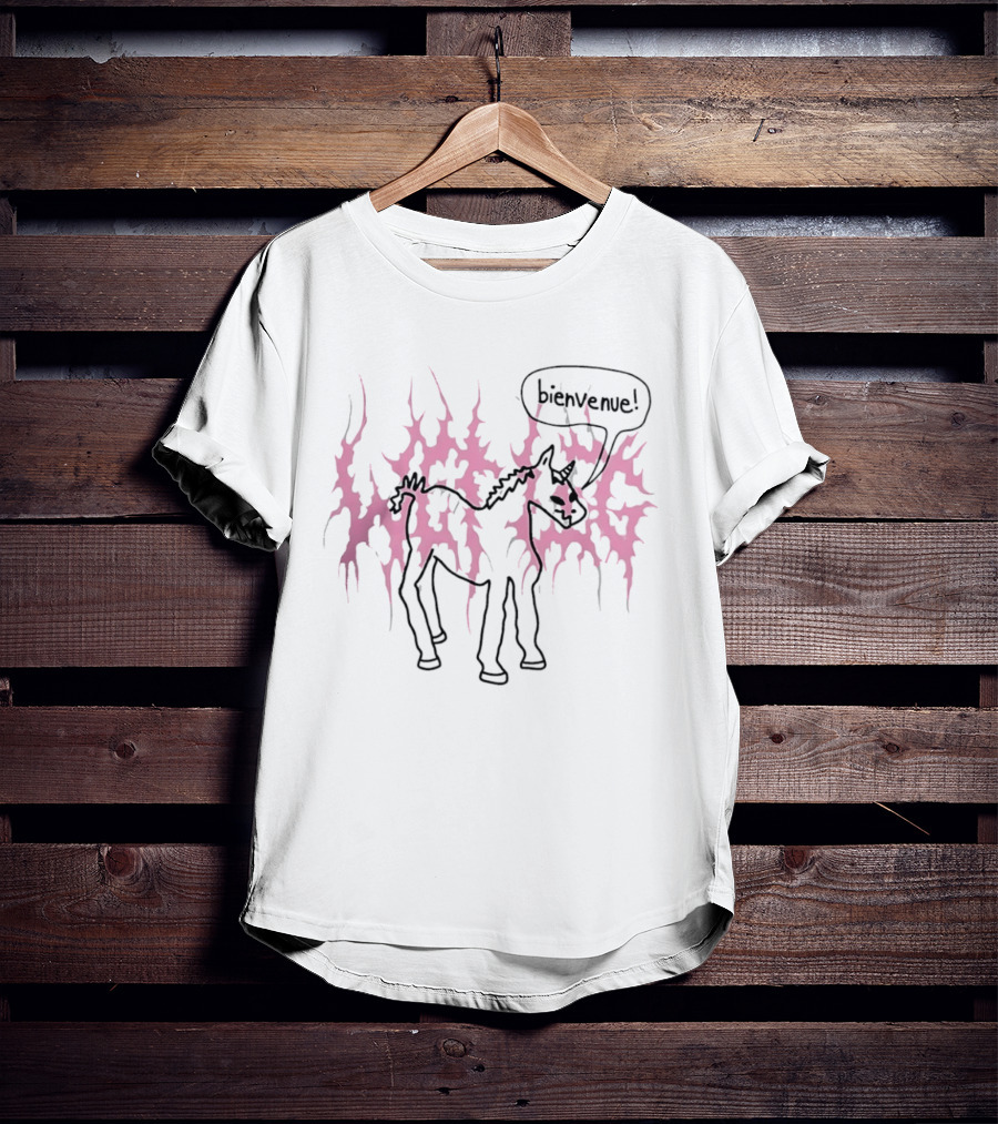 Bienvenue Cartoon Horned Unicorn Pink Flames T-Shirt