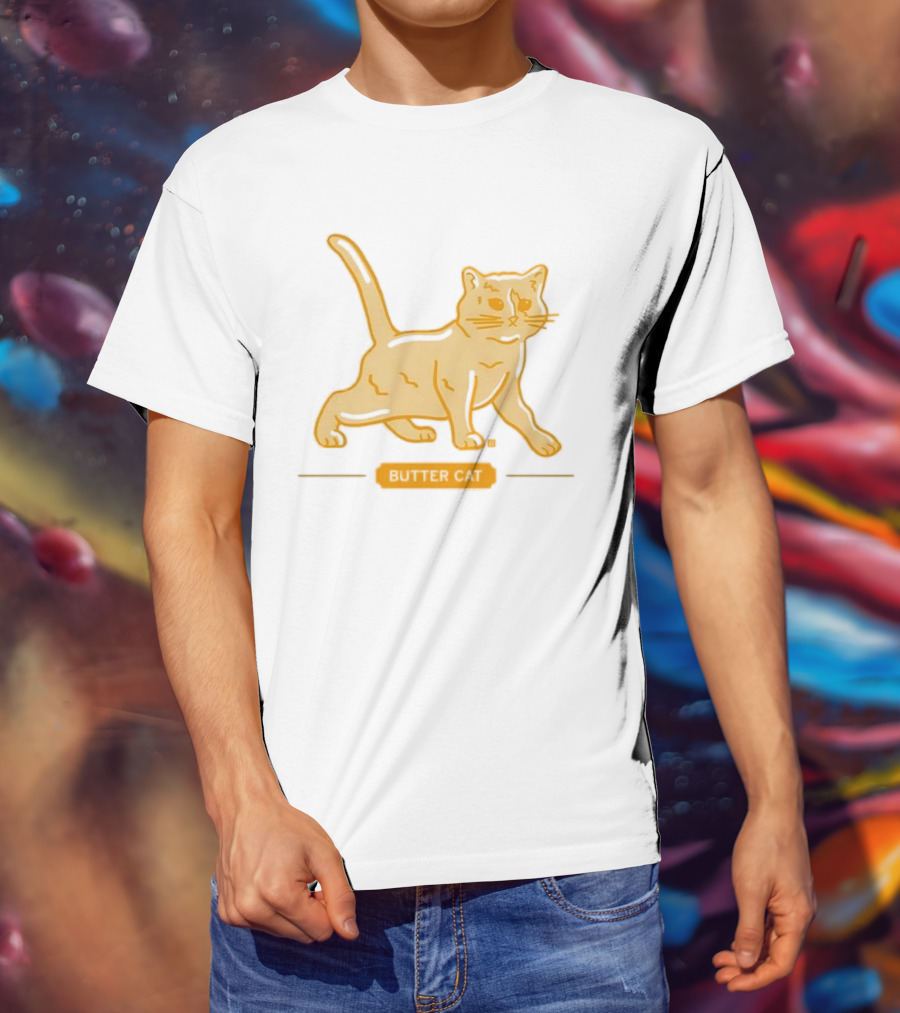 Butter Cat Yellow Orange Cartoon Walking Feline Line T-Shirt