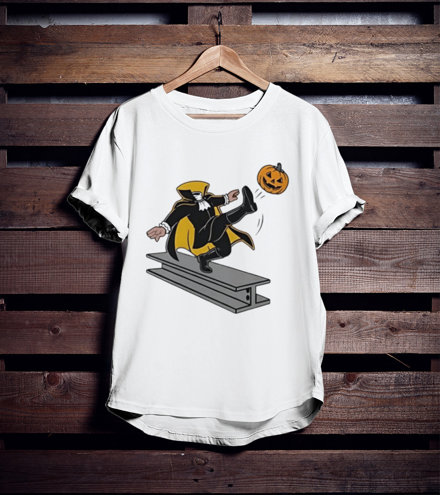 Cartoon Headless Horseman Kicking Jack O Lantern Pumpkin Steel Beam T-Shirt
