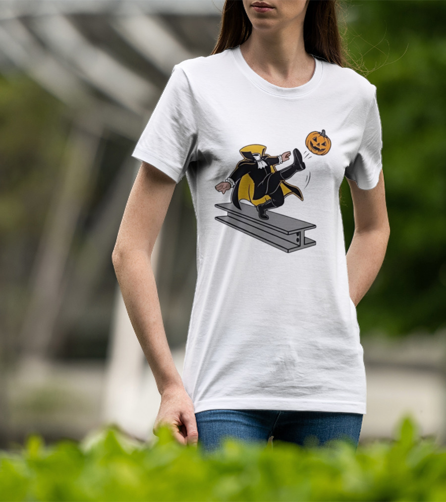 Cartoon Headless Horseman Kicking Jack O Lantern Pumpkin Steel Beam T-Shirt
