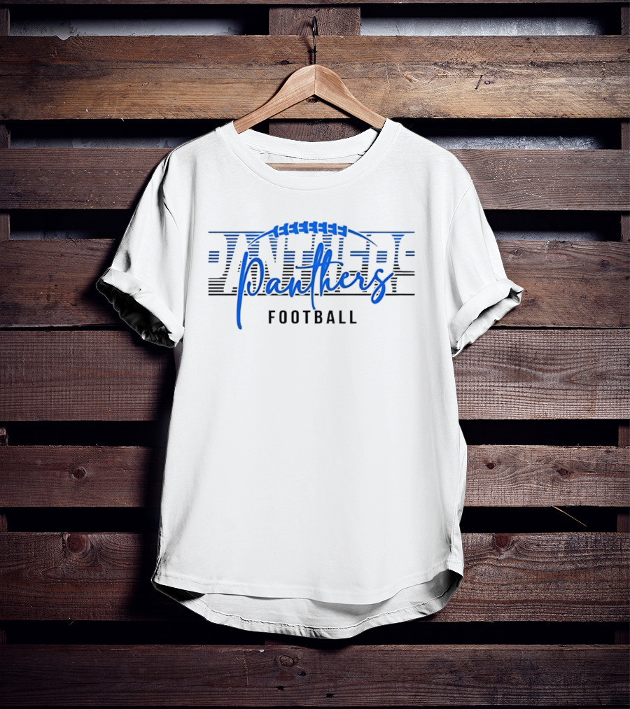 Panthers Football Blue Script Striped Laces Football T-Shirt
