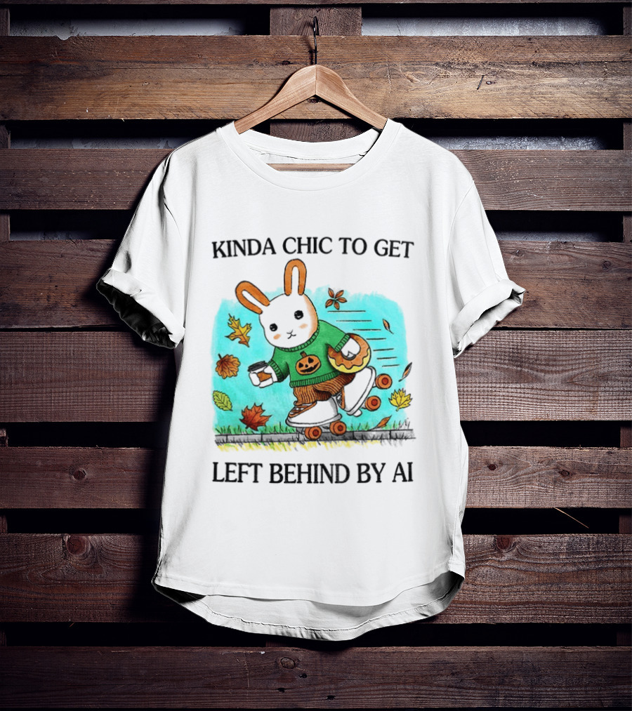 Kinda Chic Rabbit Roller Skating With Pumpkin Happy Fall Leaves Left Behind By AI T-Shirt