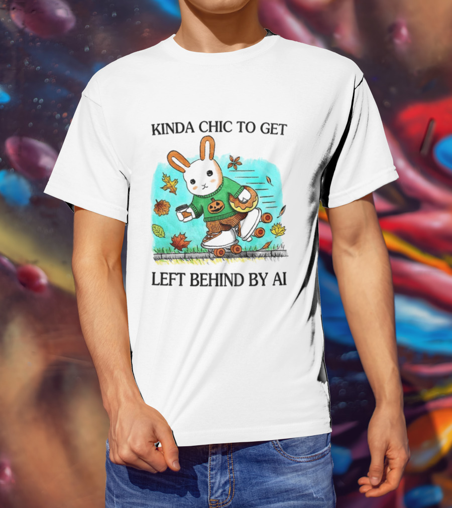 Kinda Chic Rabbit Roller Skating With Pumpkin Happy Fall Leaves Left Behind By AI T-Shirt