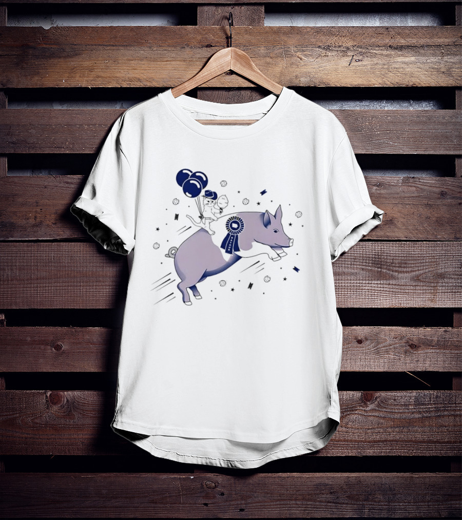 Raygun Cartoon Cowboy Cat Riding Flying Pig With Iowa Ribbon And Balloons T-Shirt