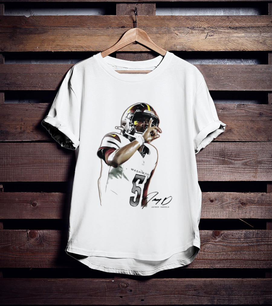 Washington Commanders Jayden Daniels Quarterback Finger To Lips Photo Cutout T-Shirt