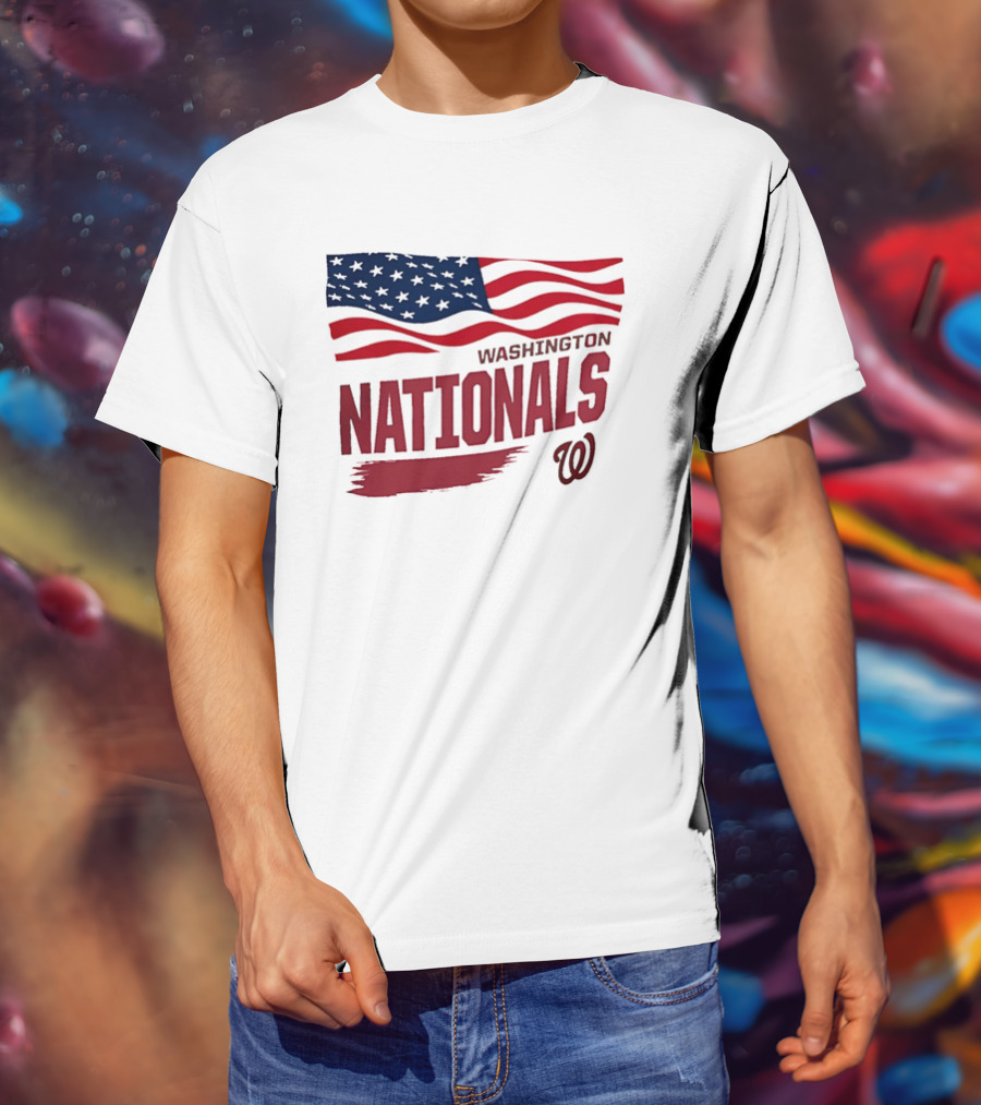 Washington Nationals Waving American Flag Red Brushstroke MLB T-Shirt