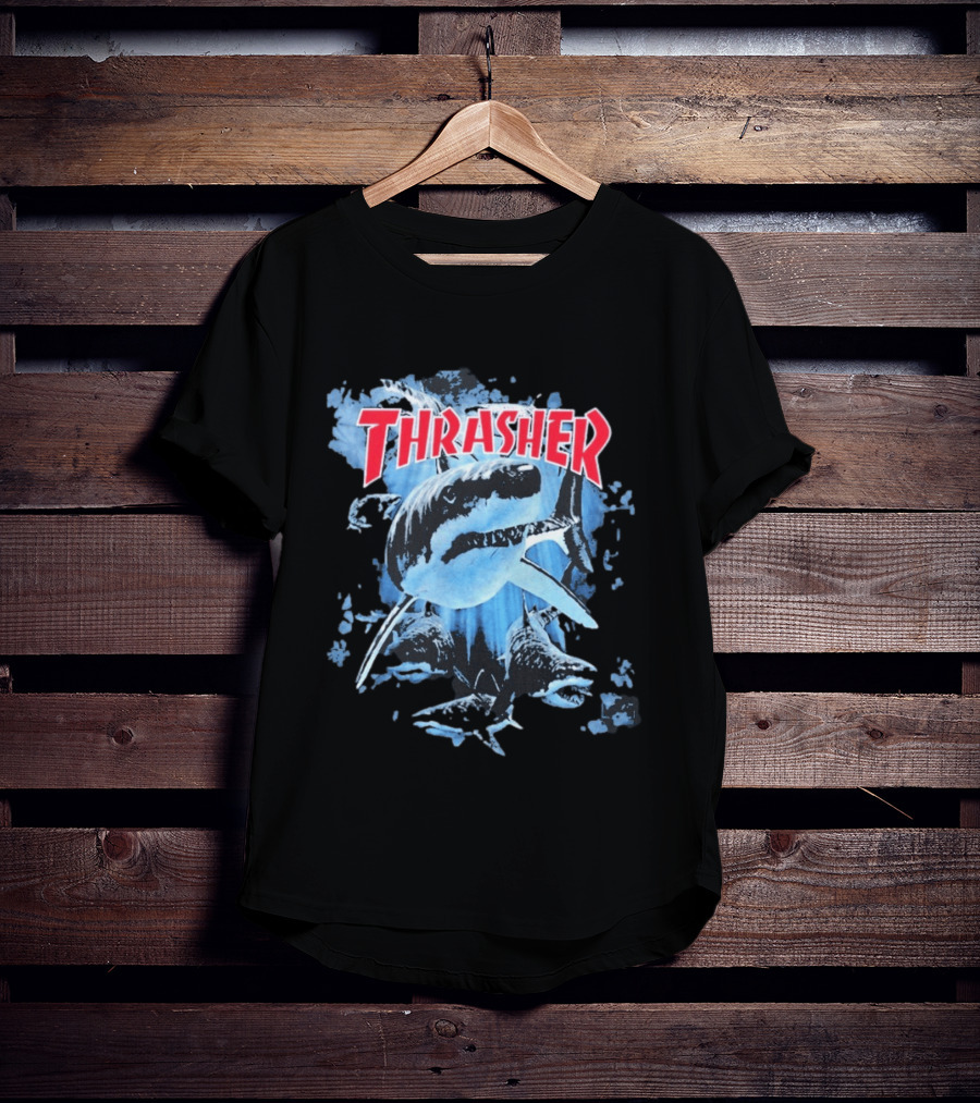 Thrasher Shark Blue Print Skateboarding T-Shirt