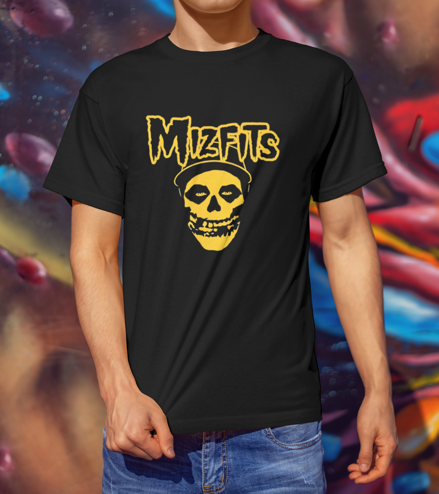 Mizfits Yellow Dripping Horror Font Skull In Baseball Cap T-Shirt