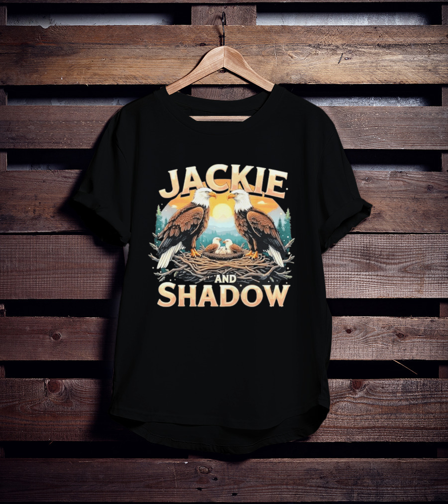 Jackie And Shadow American Eagles Family In Nest With Mountains And Sun T-Shirt