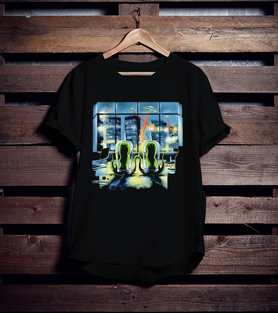 Project Rigel Alien Invasion City Battle Scene With Flying Saucers And Lasers T-Shirt
