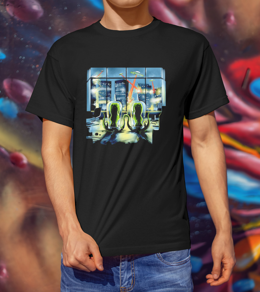 Project Rigel Alien Invasion City Battle Scene With Flying Saucers And Lasers T-Shirt